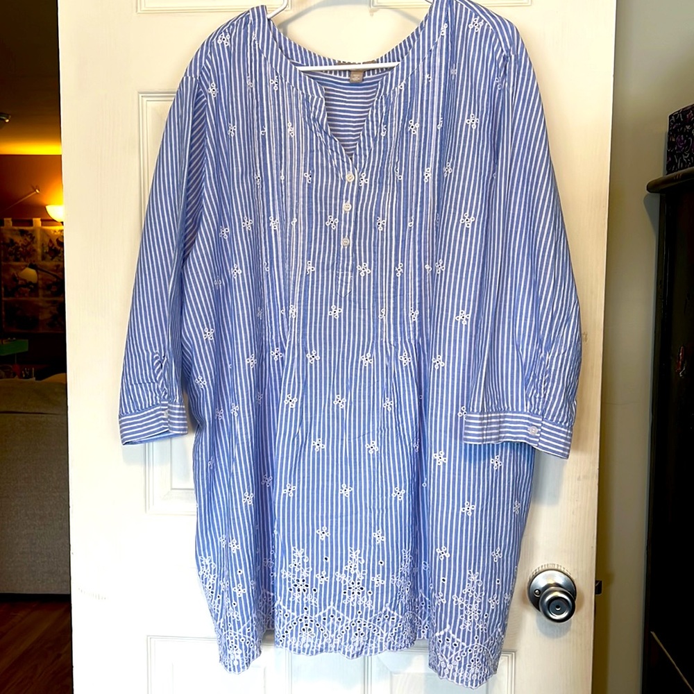 Woman Within Blue/WhiteTunic Blouse Eyelet Embroidered V-neck Pleated NWOT